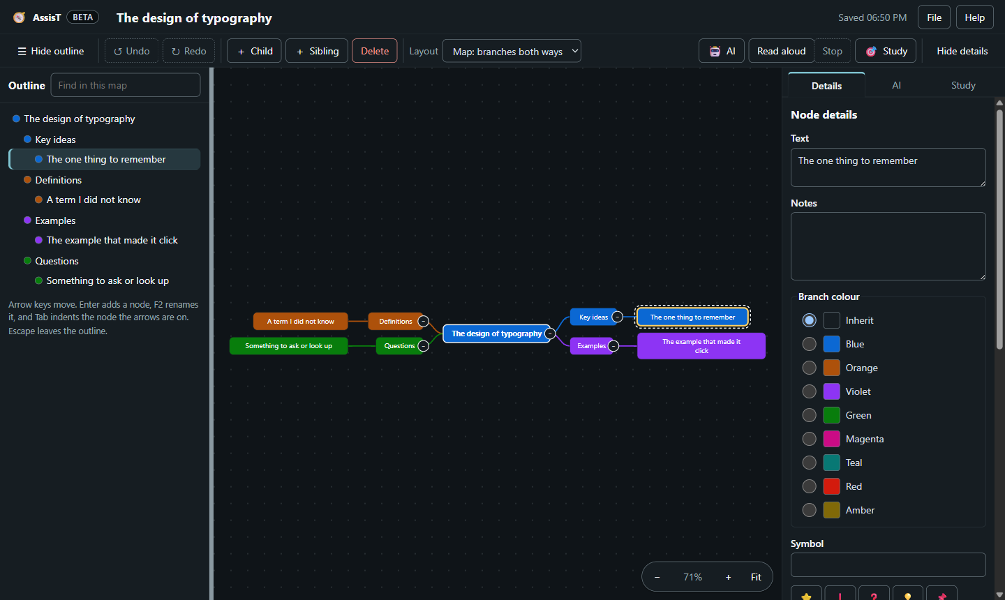 The Mind Map editor: an outline of an essay plan on the left, the same plan drawn as a branching map on the canvas in the middle, and a details panel on the right.