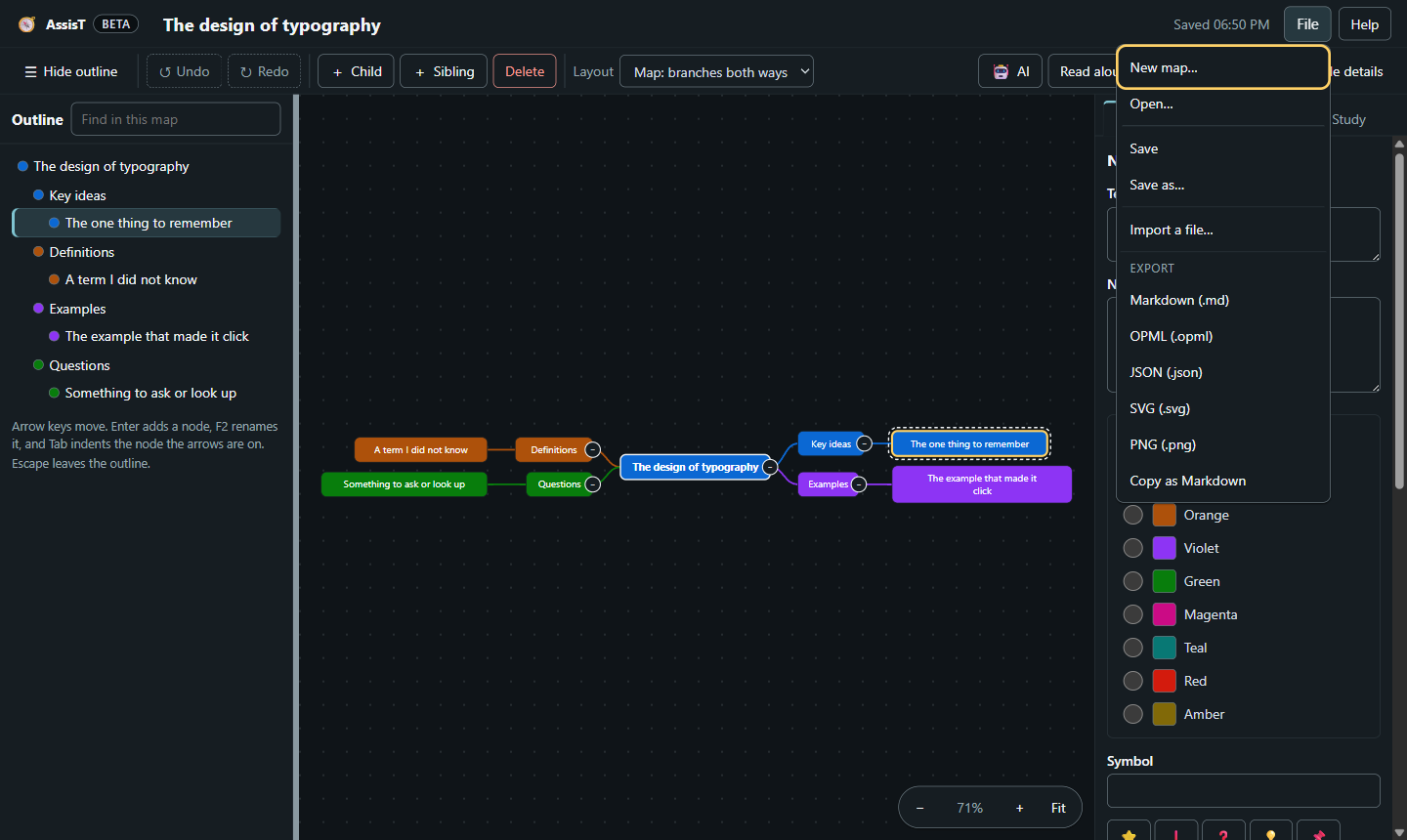 The Mind Map File menu open, showing New map, Open, Save, Save as, Import a file, and an Export group listing Markdown, OPML, JSON, SVG, PNG and Copy as Markdown.