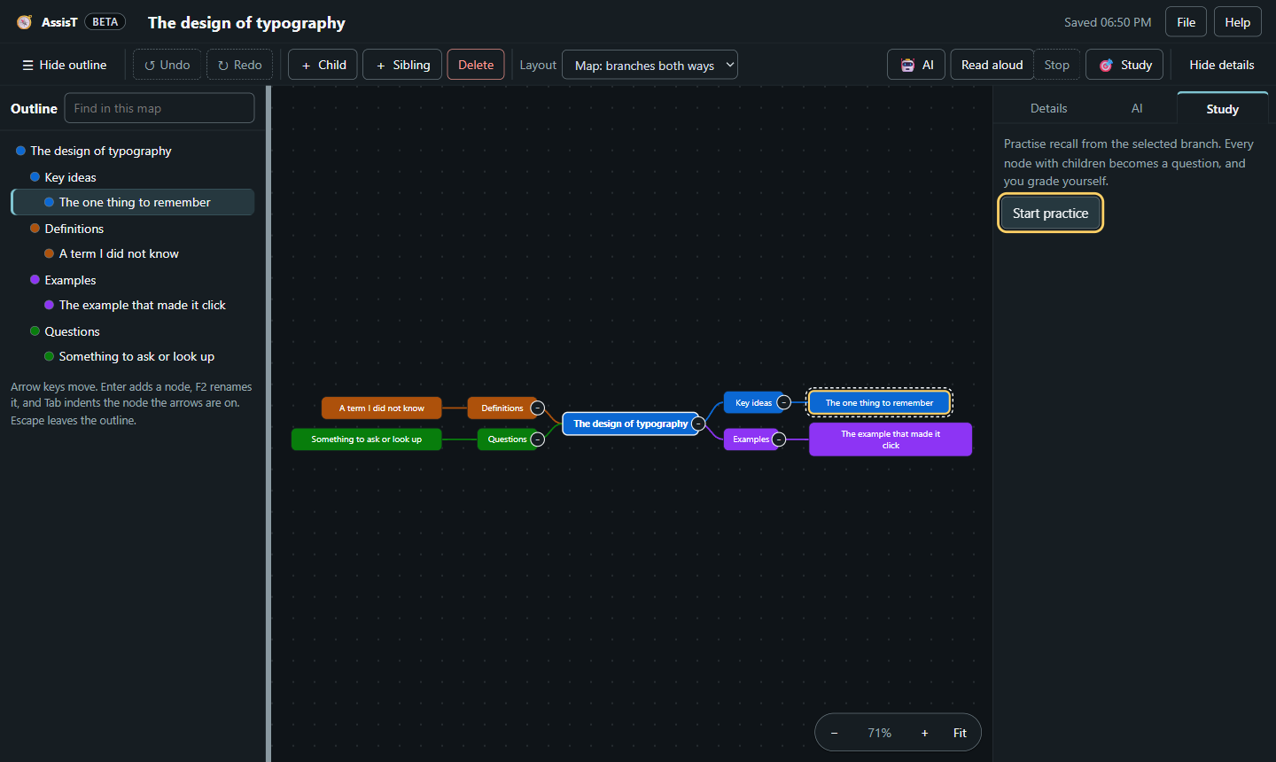 Mind Map study mode: a node's children hidden behind a prompt to recall them, with buttons to reveal the answer and grade the attempt.